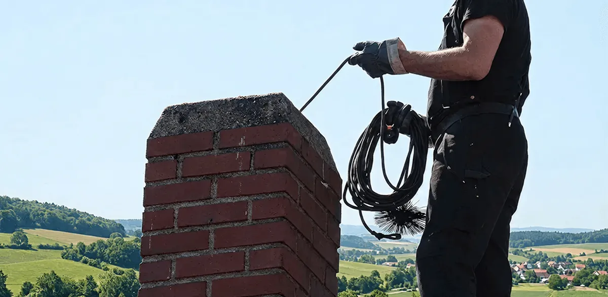 Chimney sweep inspecting and cleaning a rooftop chimney in Long Beach, CA