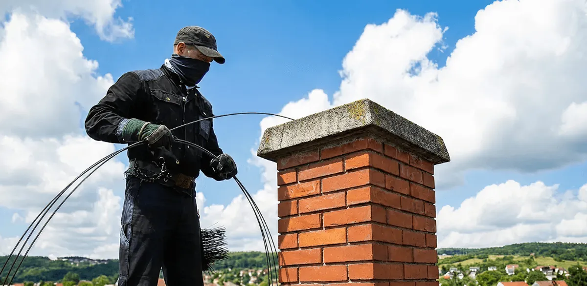 Chimney sweep cleaning a brick chimney with professional tools in Long Beach, CA